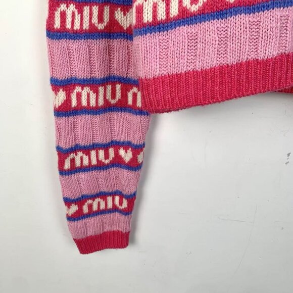 Miu Miu Pink & Purple Striped Knit Wool Sweater With Heart Motif Womens Size 38 - Picture 4 of 8